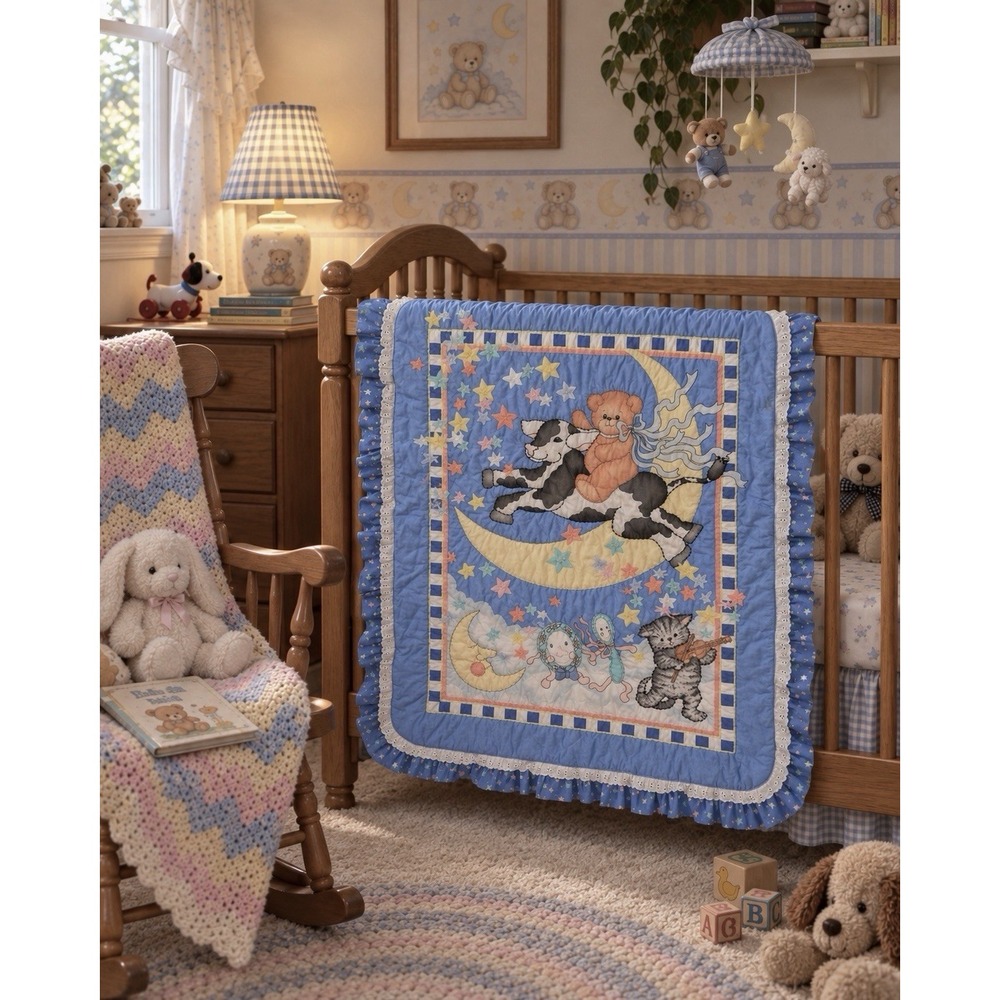 Vintage 90s Baby Crib Quilt Blanket Cow Teddy Bear Moon Stars Ruffle 47x26.5